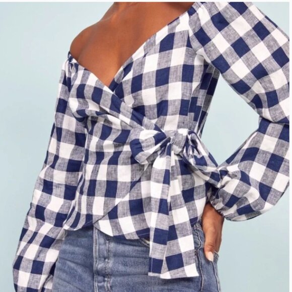 Reformation Hart Wrap Top Blue White Gingham Print Linen Small - Picture 4 of 8